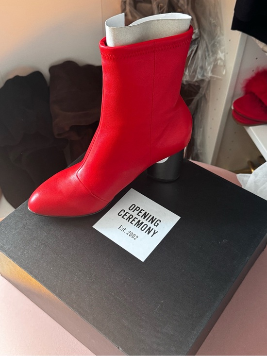 Opening Ceremony Shoes - Opening Ceremony Bright Red Mid-Calf Block Heel Bootie